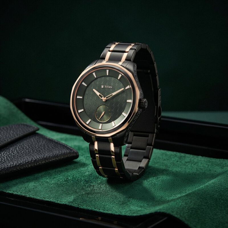 Titan Regalia Opulent Offset Second Hand Green Dial Rose Gold And Black Bimetal Strap Watch For Men