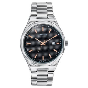 Sonata Jashn Quartz Analog Black Dial Silver Metal Strap Watch For Men