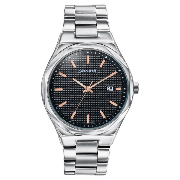 Sonata Jashn Quartz Analog Black Dial Silver Metal Strap Watch For Men - image number 0