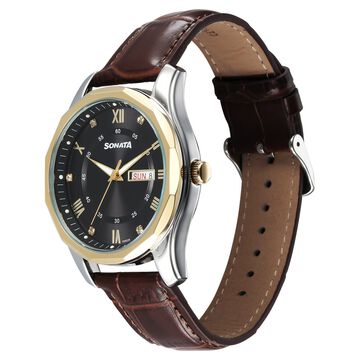 Sonata Wedding Quartz Analog Black Dial Leather Strap Watch For Men