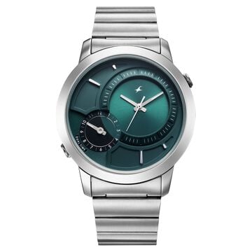 Fastrack Pulse IV Dual Time Watch for Men with Teal Green Sunray Dial & Silver Metal Strap