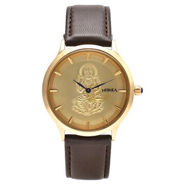 Titan Nebula Divinity 18k Gold Analog with embossed figure of godess Lakshmi Leather Strap Watch for women 