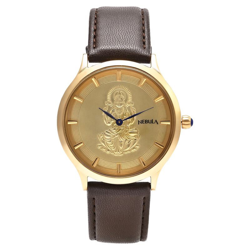 Titan Nebula Divinity 18k Gold Analog with embossed figure of godess Lakshmi Leather Strap Watch for women 