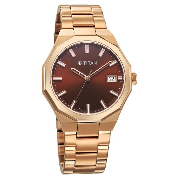 Titan Regalia Dodecagon Quartz Analog with Date Brown Dial Rose Gold Stainless Steel Strap Watch For Men - image number 1