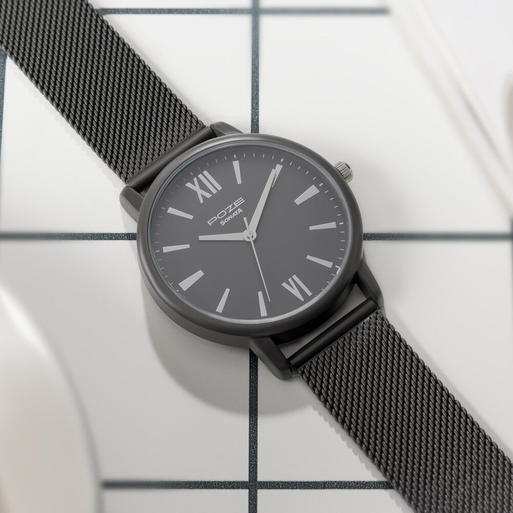 Buy Online Sonata Poze Quartz Analog Black Dial Mesh Strap Watch for Men sp70039km02w Titan