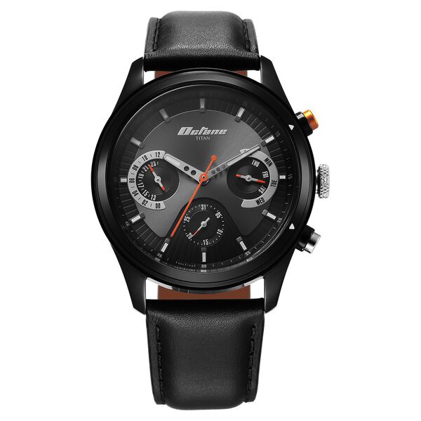 Titan Octane Quartz Multifunction Black Dial With Black Leather Strap Watch For Men - image number 0