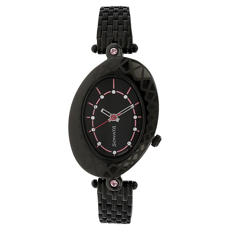 Sonata Quartz Analog Black Dial Stainless Steel Strap Watch for Women