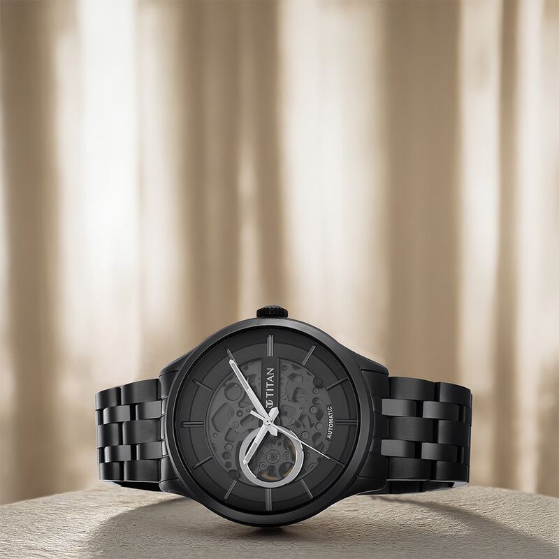 Titan Metal Mechanicals Black Dial Black Stainless Steel Strap Watch for Men