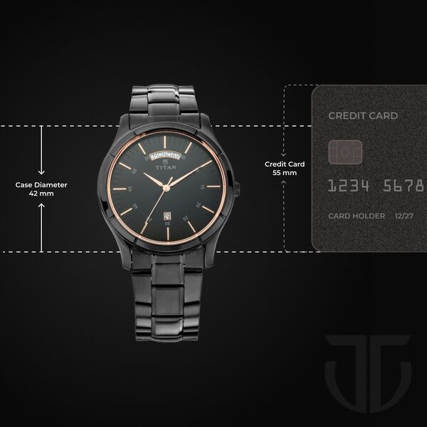 Titan Quartz Analog with Day and Date Black Dial Black Stainless Steel Strap Watch For Men - image number 2