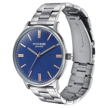 Sonata Poze Quartz Analog Blue Round Dial Silver Metal Strap Watch For Men