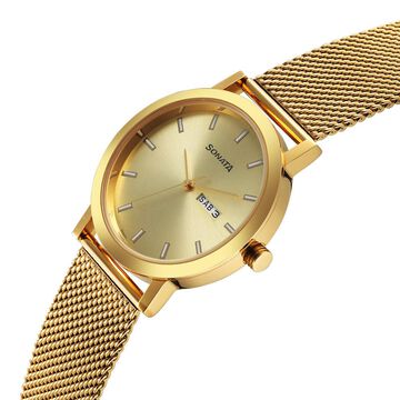 Sonata Utsav Quartz Analog with Day and Date Champagne Dial Stainless Steel Strap Watch for Men