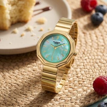 Poze Poze Quartz Analog Green Dial Golden Stainless Steel Strap Watch For Women