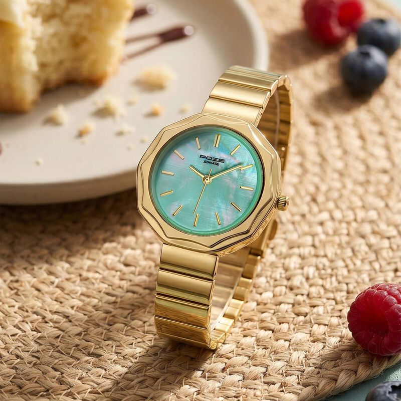 Poze Poze Quartz Analog Green Dial Golden Stainless Steel Strap Watch For Women