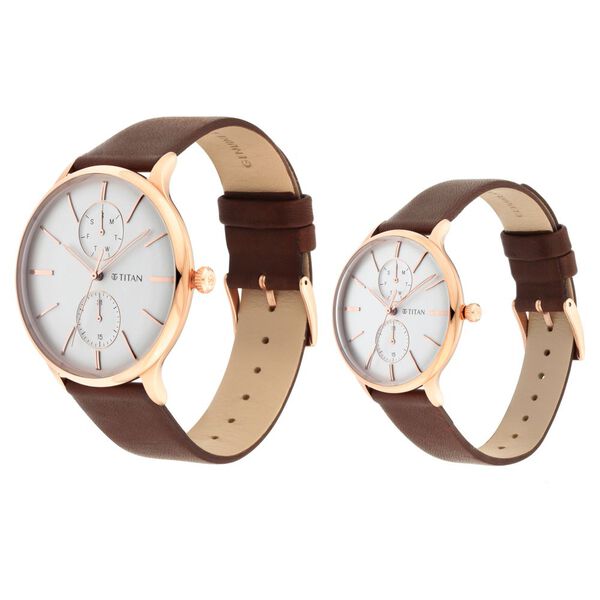 Titan Bandhan White Dial Quartz Multifunction Leather Strap watch for Couple - image number 2