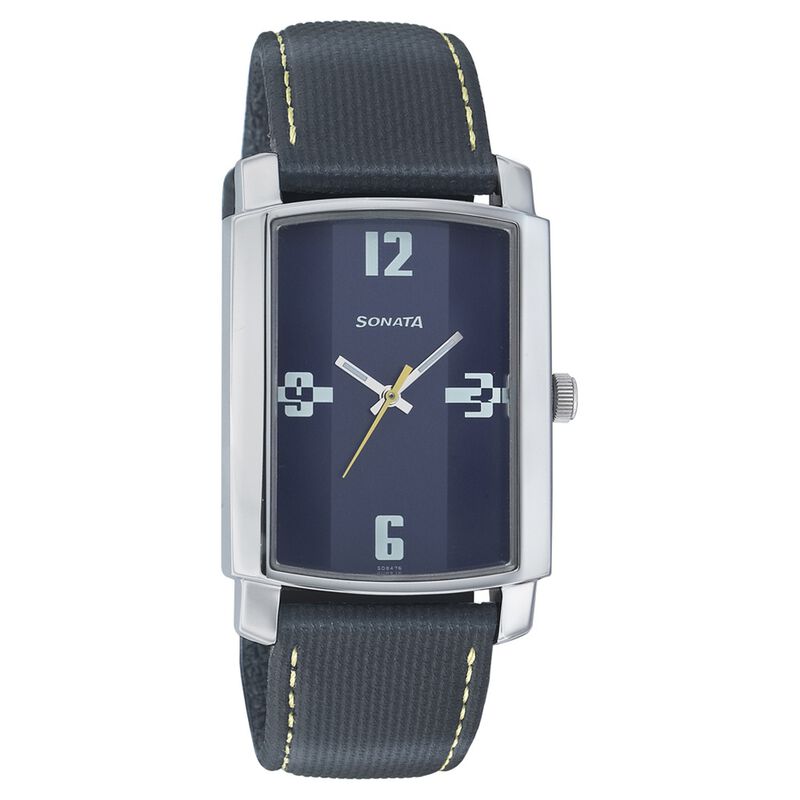 Sonata Quartz Analog Blue Dial Leather Strap Watch for Men