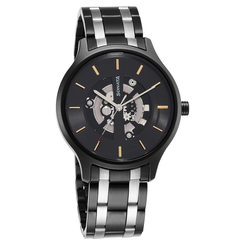 Sonata Unveil Quartz Analog Black Dial Stainless Steel Strap Watch for Men