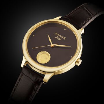 Sonata Gold Quartz Analog Regal Maroon With Gold Coin Dial Brown Leather Strap Watch For Women