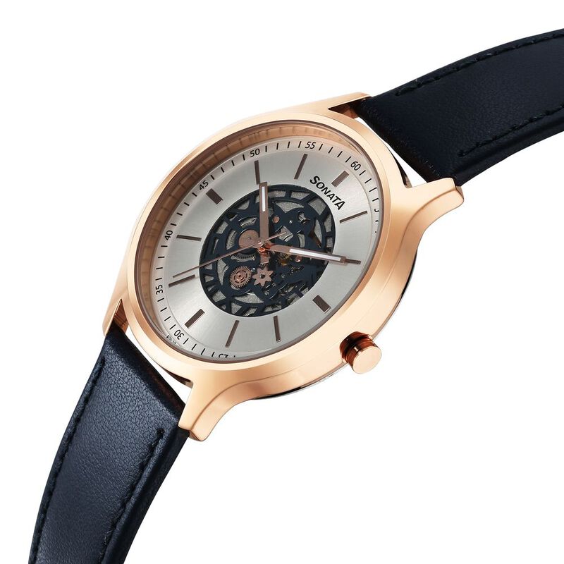 Sonata Unveil Quartz Multifunction Silver Dial Leather Strap Watch for Men - image number 2