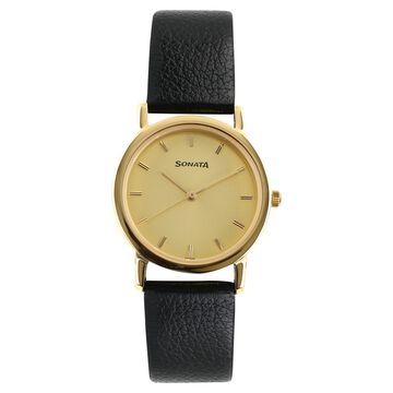 Sonata Quartz Analog Champagne Dial Leather Strap Watch for Men