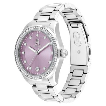 Tommy Hilfiger Quartz Analog Purple Dial Silver Stainless Steel Strap Watch For Women