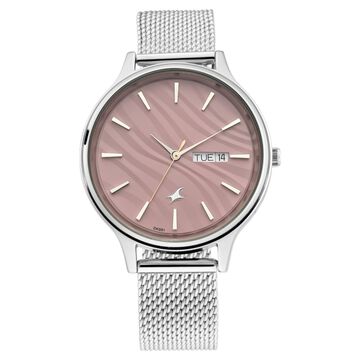 Fastrack Ruffles Quartz Analog with Day and Date Pink Dial Stainless Steel Strap Watch for Girls