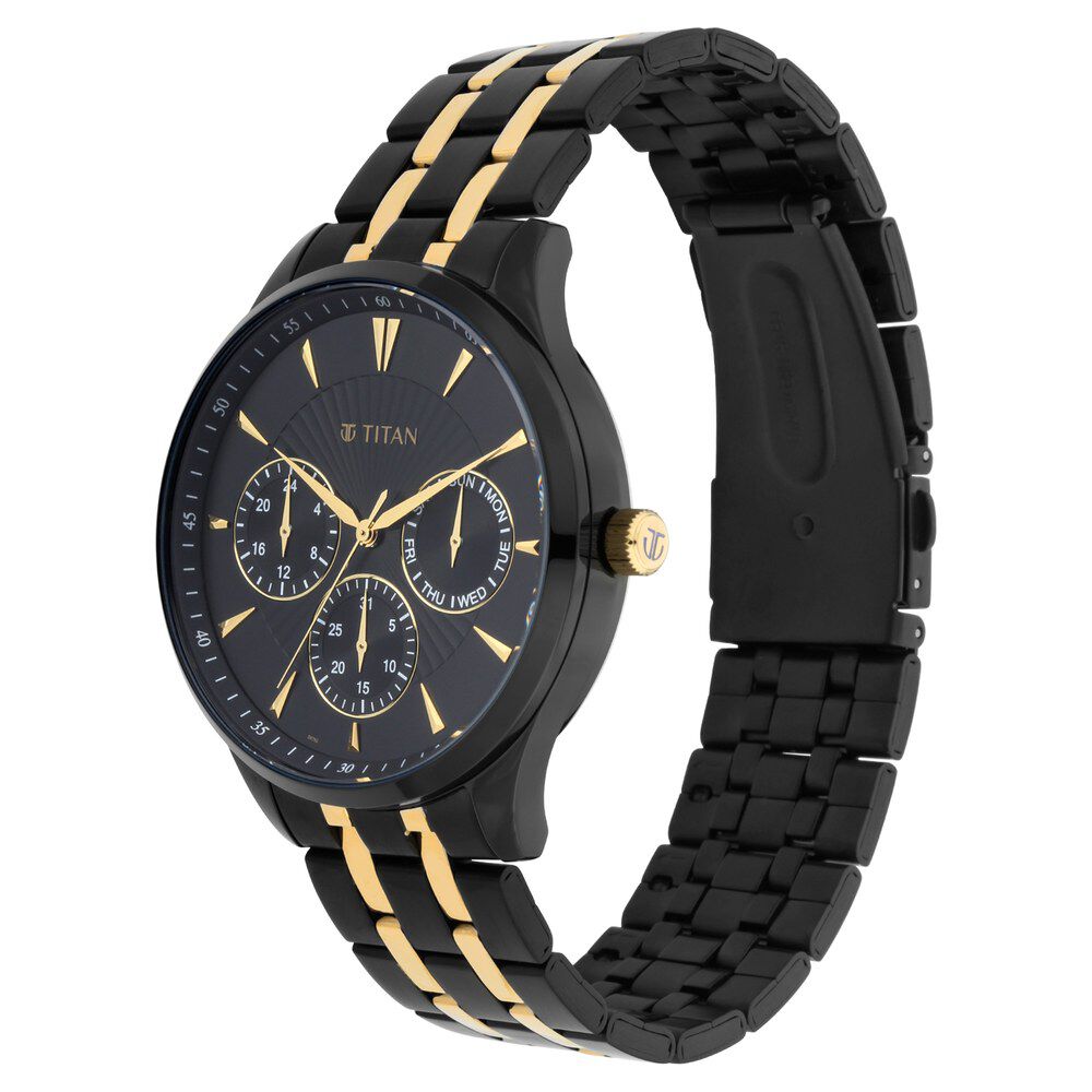 Buy Online Titan Regalia Opulent Black Dial Quartz Multifunction Stainless Steel Strap watch for Men 90127km01 p Titan