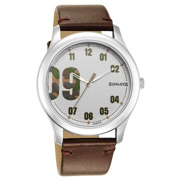 Sonata Quartz Analog White Dial Leather Strap Watch for Men