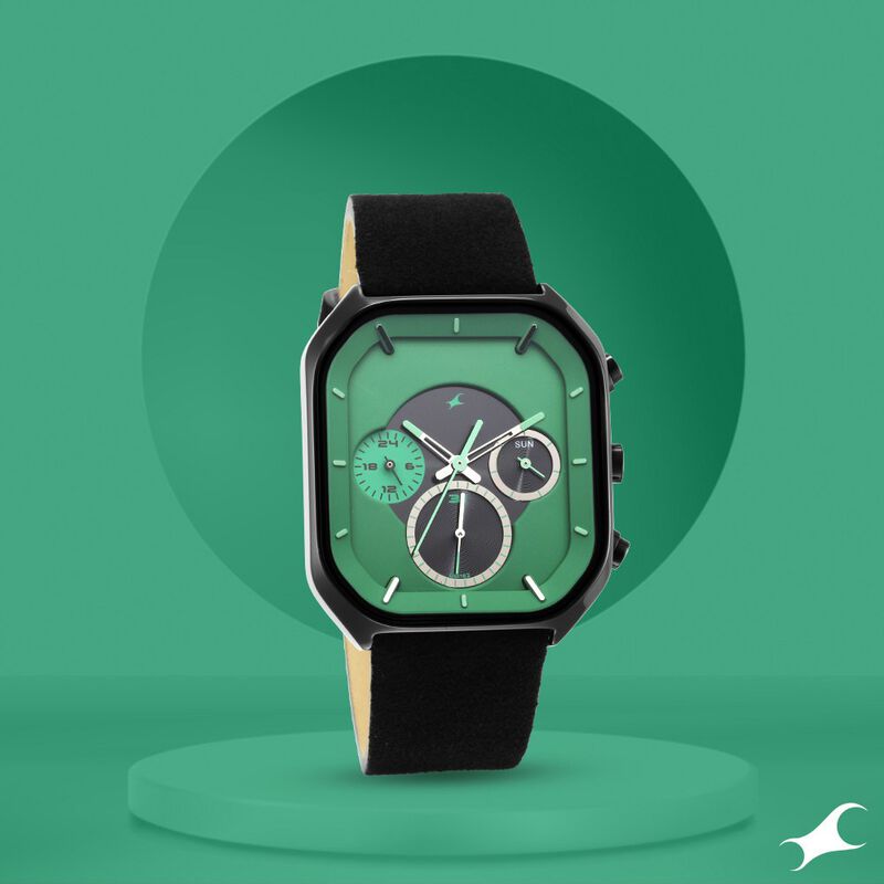 Fastrack After Dark Quartz Analog with Day and Date Green Dial Leather Strap Watch for Guys