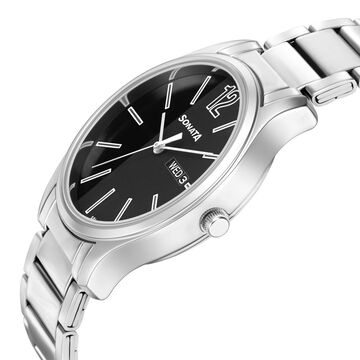 Sonata Quartz Analog with Day and Date Black Dial Stainless Steel Strap Watch for Men