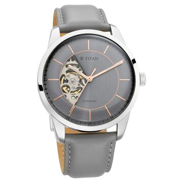 Titan Automatic Sectoral Grey Dial Grey Leather Strap Watch for Men