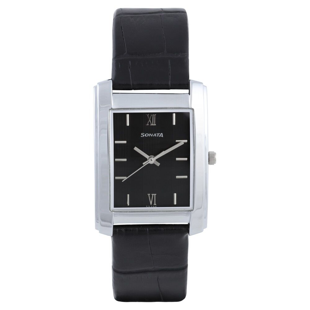 Buy Online Sonata Quartz Analog Black Dial Leather Strap Watch for Men nk7953sl02 Titan
