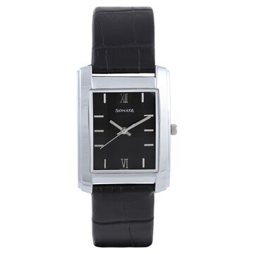 Sonata Quartz Analog Black Dial Leather Strap Watch for Men