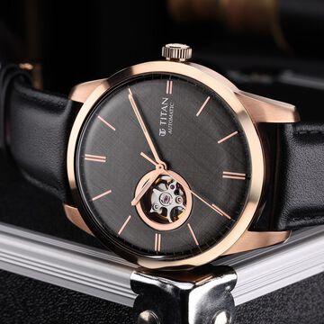 Titan Automatic Open Heart Black Dial Black Leather Strap Watch for Men
