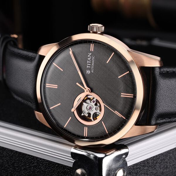 Titan Automatic Open Heart Black Dial Black Leather Strap Watch for Men - image number 3