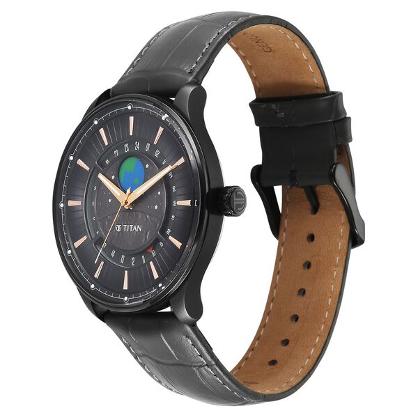 Titan Stellar Analog with Earth Disc and Gray Dial Gray Leather Strap Watch for Men - image number 4