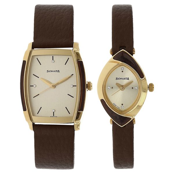 Buy Online Sonata Quartz Analog Champagne Dial Leather Strap Watch