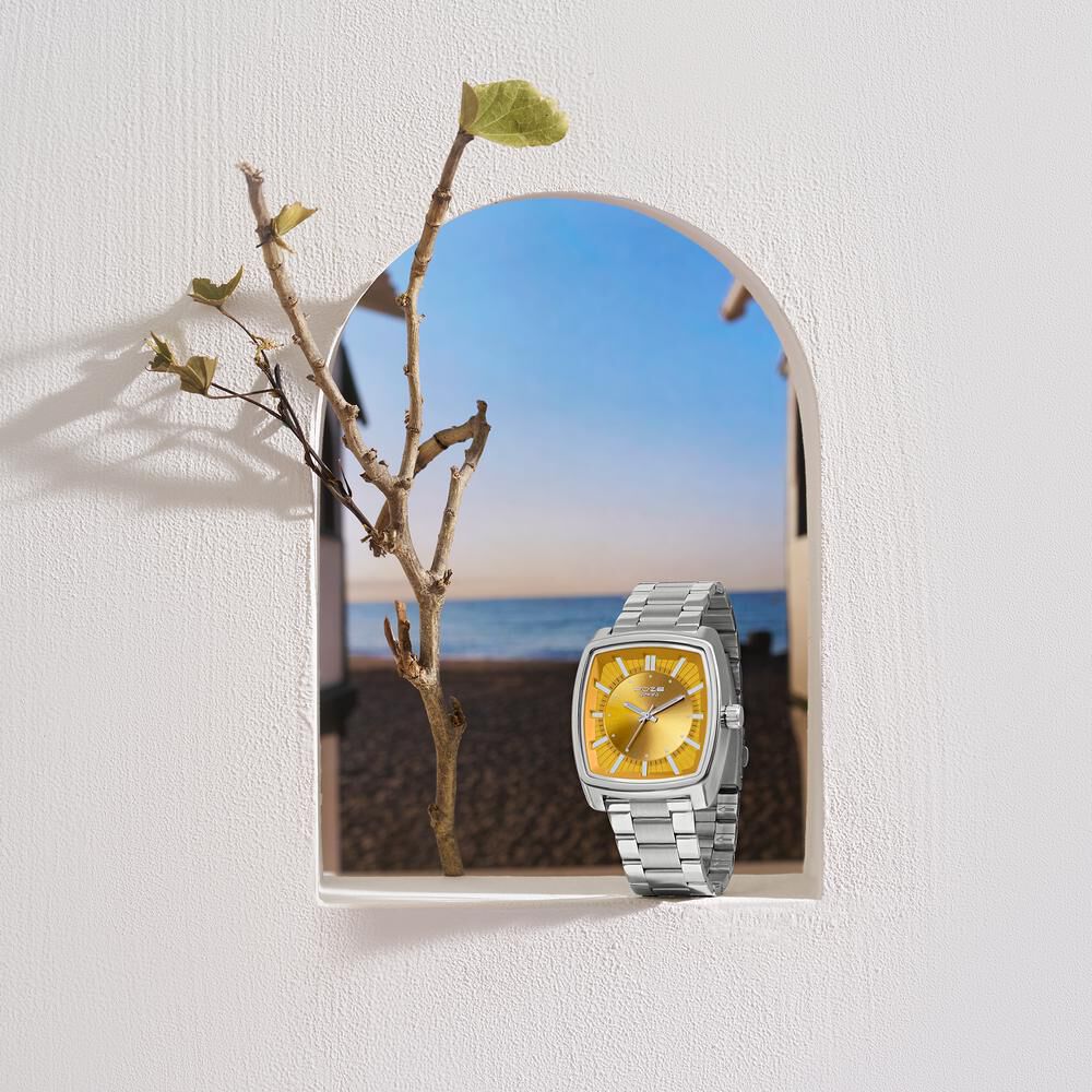 Poze Poze Quartz Analog Mustard Dial Silver Metal Strap Watch For Men-image-13