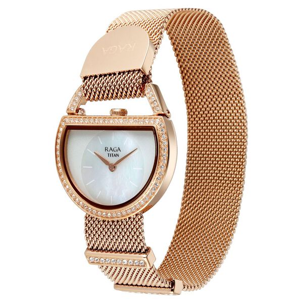 Titan Raga Unlocked Quartz Analog Mother Of Pearl Dial Rose Gold Stainless Steel Strap Watch For Women - image number 2