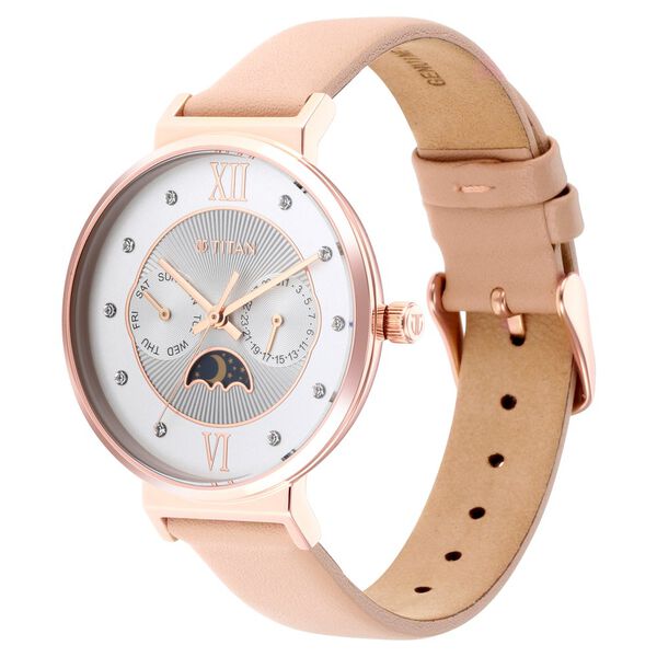 Titan Slimline Silver Dial Quartz Multifunction Leather Strap watch for Women - image number 3