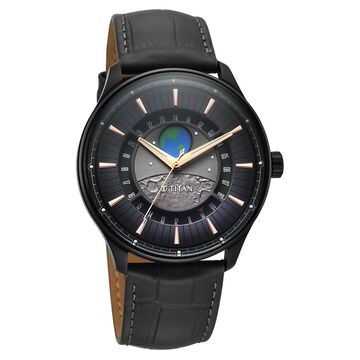 Titan Stellar Analog with Earth Disc and Gray Dial Gray Leather Strap Watch for Men