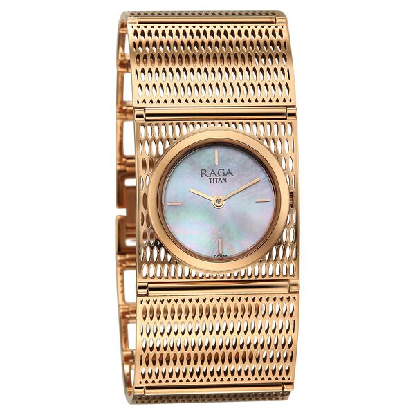 Titan Raga Ethereal Quartz Analog White Mother Of Pearl Dial Rose Gold Stainless Steel Strap Watch For Women - image number 2
