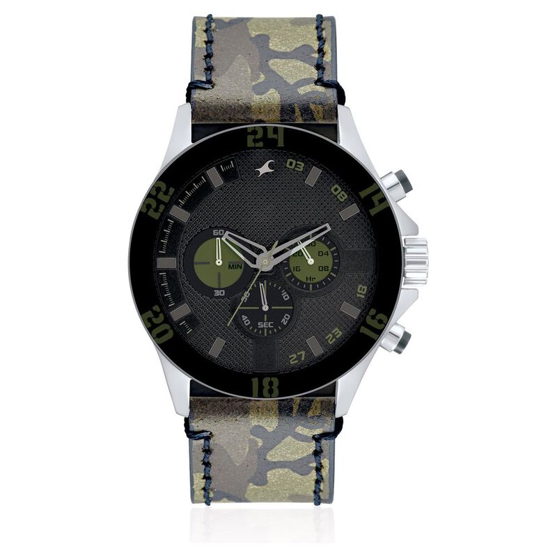 Fastrack Quartz Chronograph Black Dial Leather Strap Watch for Guys