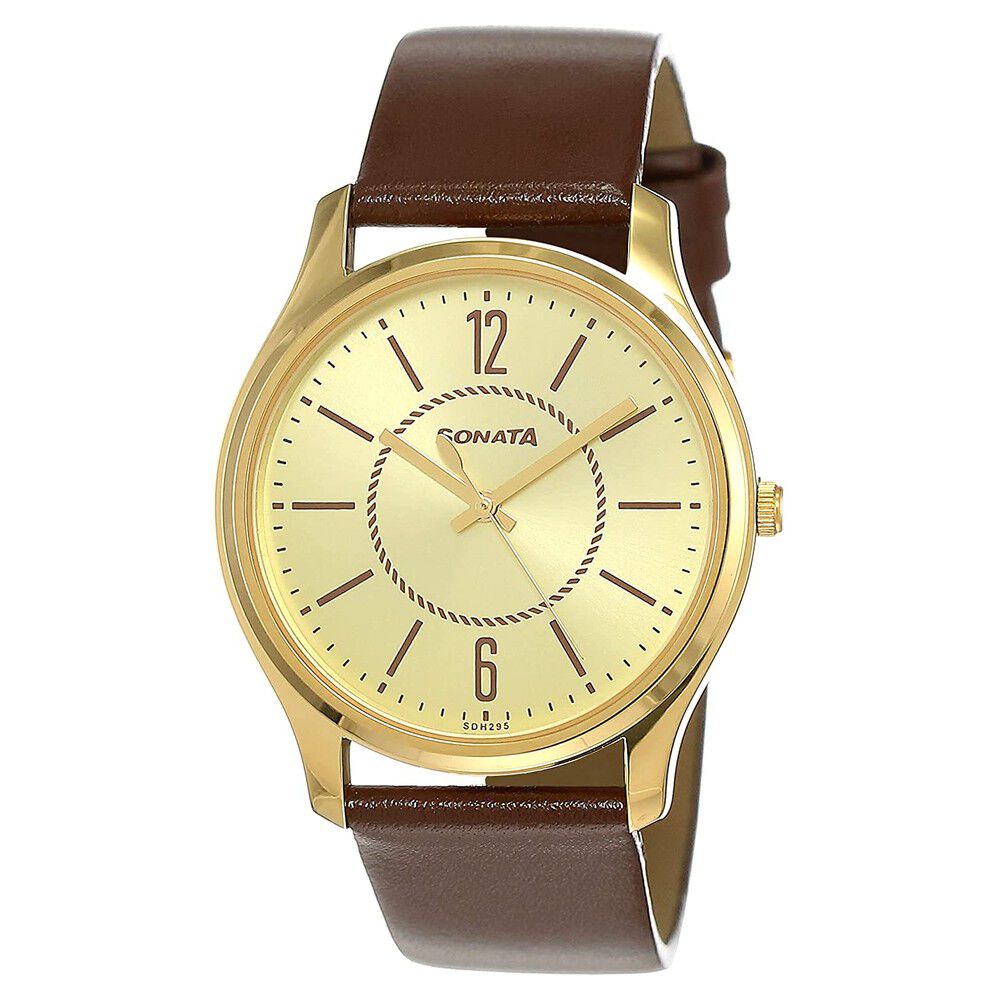 Buy Online Sonata Quartz Analog Champagne Dial Leather Strap Watch for Men ns77082yl01w Titan