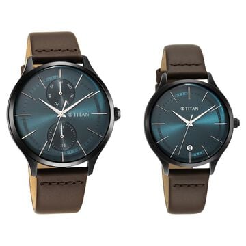 Titan Bandhan Green Dial Analog with Date Leather Strap watch for Couple