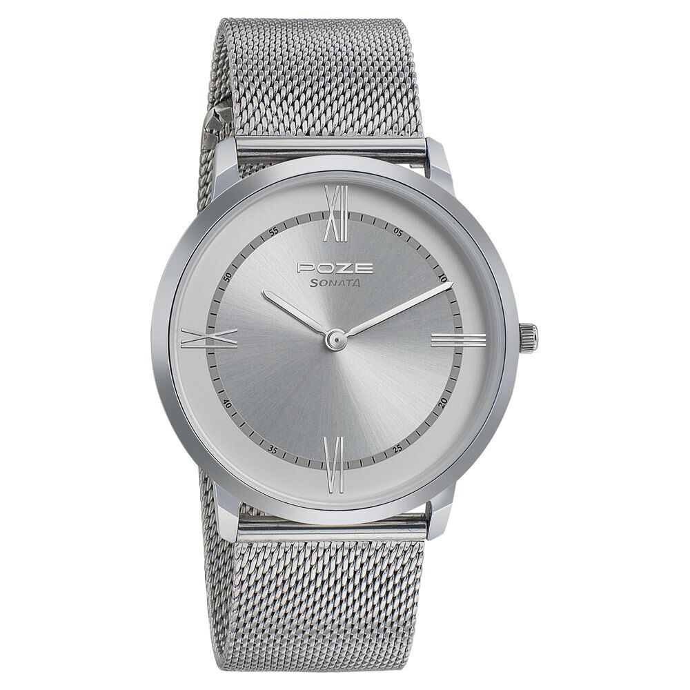Buy Online Sonata Poze Quartz Analog Silver dial Metal Strap Watch