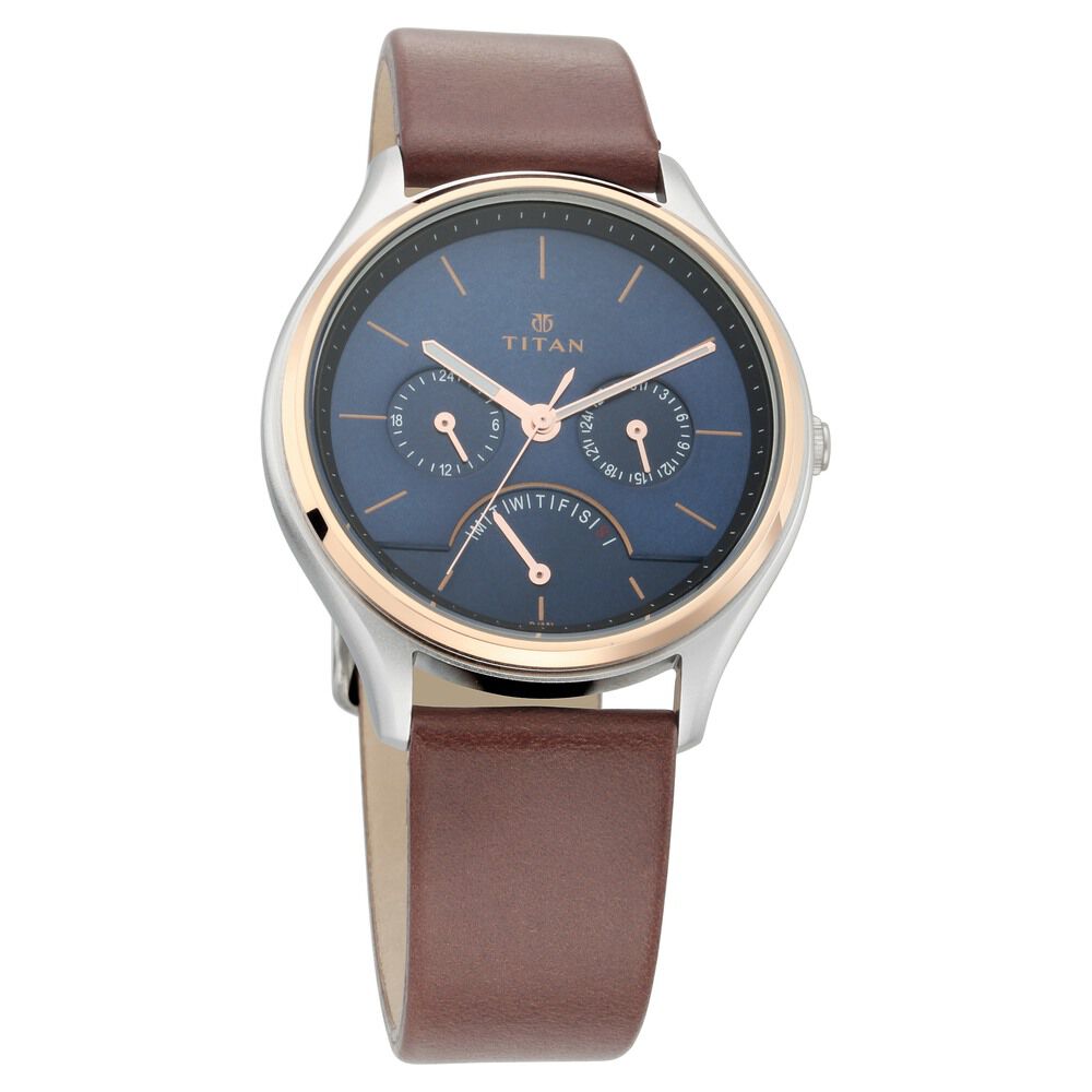 Buy Online Titan Quartz Multifunction Blue Dial Leather Strap