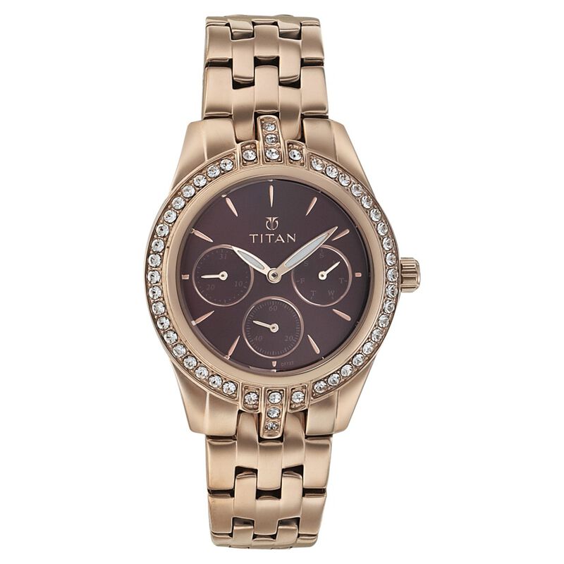 Titan Quartz Multifunction Maroon Dial Stainless Steel Strap Watch for Women