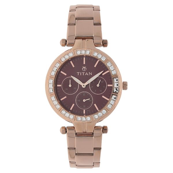 Titan Quartz Multifunction Red Dial Stainless Steel Strap Watch for Women - image number 0