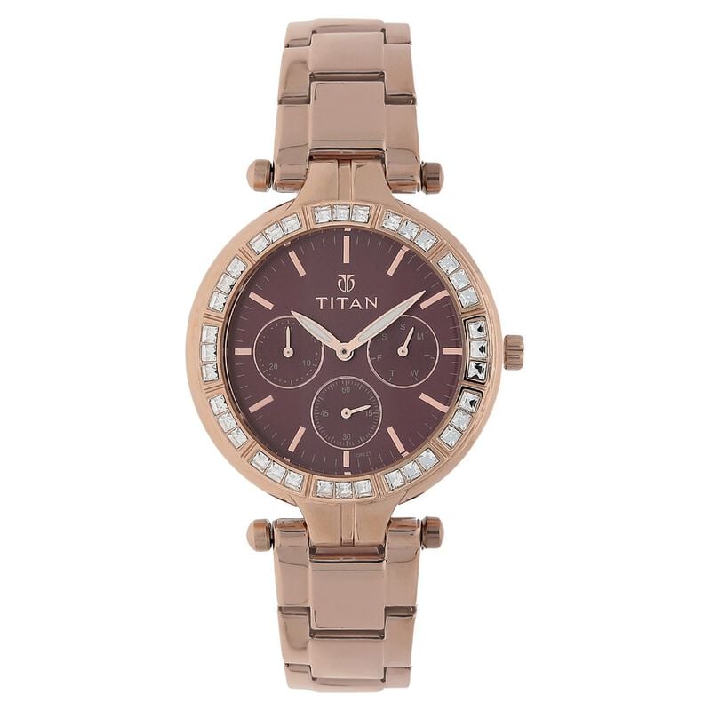 Titan Quartz Multifunction Red Dial Stainless Steel Strap Watch for Women