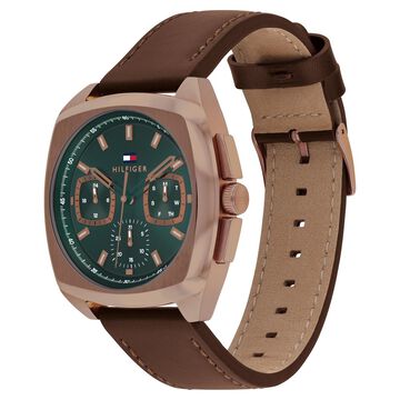 Tommy Hilfiger Quartz Multifunction Green Dial Brown Leather Strap Watch for Men